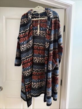 Love Stitch long duster  Hooded Cardigan in Rust, Blue, Black